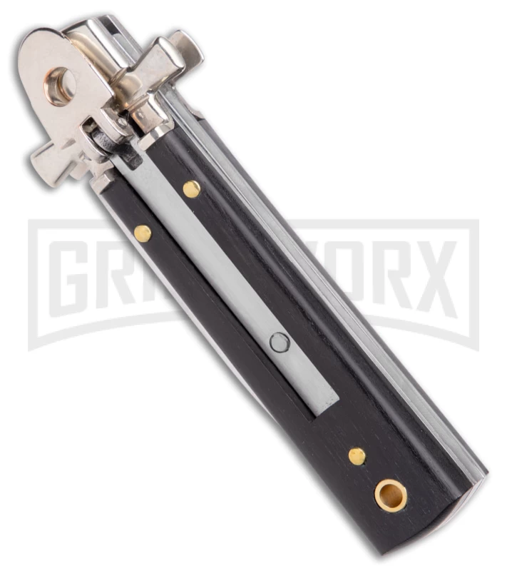 AGA 6" Lever Lock Ebony Wood Automatic Knife W/Cross Bolsters - Polish Plain - Image 2