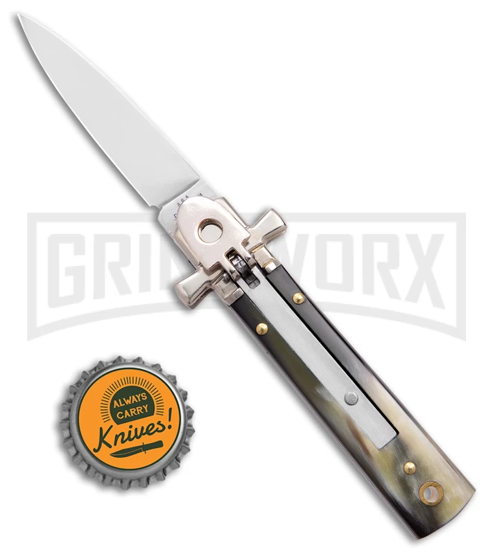 AGA 6" Lever Lock Horn Automatic Knife W/Cross Bolsters - Satin Plain - Image 4