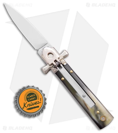 AGA 6" Lever Lock Automatic Italian Knife Horn W/Cross Bolsters (2.5" Satin) - Image 4
