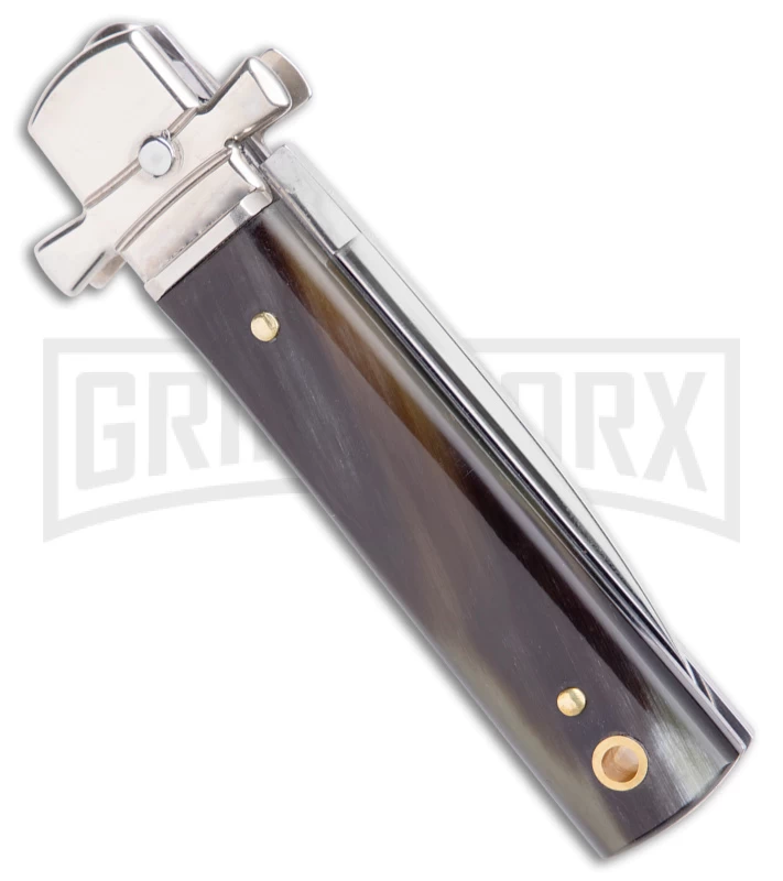 AGA 6" Lever Lock Horn Automatic Knife W/Cross Bolsters - Satin Plain - Image 3