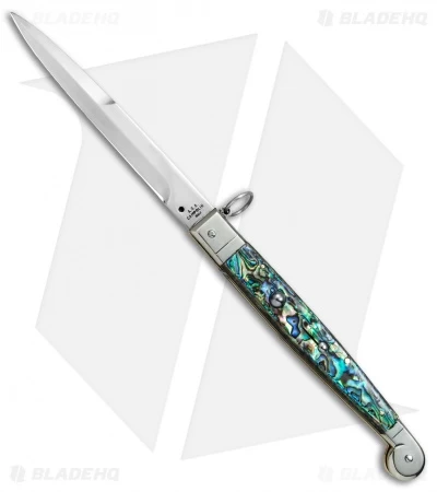 AGA Campolin 9" Sicilian Ring Pull Automatic Knife Abalone (5.5" Satin Bayo)