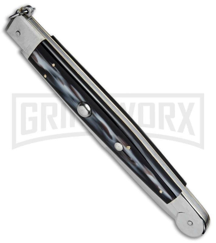 A.G.A. Campolin 16" Sim Horn Sicilian Ring Pull Automatic Knife - Satin Plain - Image 2