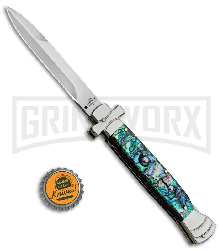 A.G.A. Campolin 9" Maltese Cross Abalone Stiletto Automatic Knife - Bayo Satin - Image 4