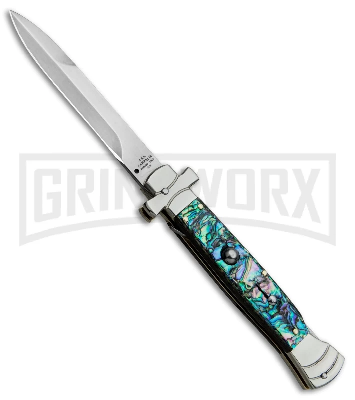 A.G.A. Campolin 9" Maltese Cross Abalone Stiletto Automatic Knife - Bayo Satin