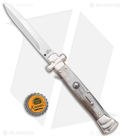 AGA Campolin 9" Maltese Cross Stiletto Automatic Knife Horn (4" Satin Bayo) - Image 4