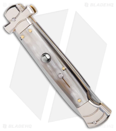 AGA Campolin 9" Maltese Cross Stiletto Automatic Knife Horn (4" Satin Bayo) - Image 2