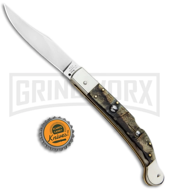 AGA Campolin Sahara Ram Horn Italian Stiletto Automatic Knife - Mirror Plain - Image 5