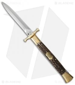 AGA Campolin 13" Bat Swinguard Automatic Knife Brass/Stag Horn (5.75" Dagger)