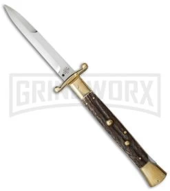 AGA Campolin 13" Stiletto Brass Swinguard Stag Horn Automatic Knife - Bayonet