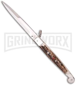 A.G.A. Campolin 12" Stag Horn Sicilian Ring Pull Automatic Knife - Bayonet