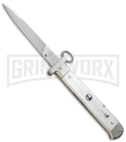 AGA Campolin 9" Francese Ring Pull White Pearlex Automatic Knife - Flat