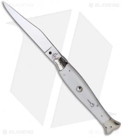 AGA Campolin 10" Automatic Fishtail Picklock Knife White (4.5" Satin Bayo)